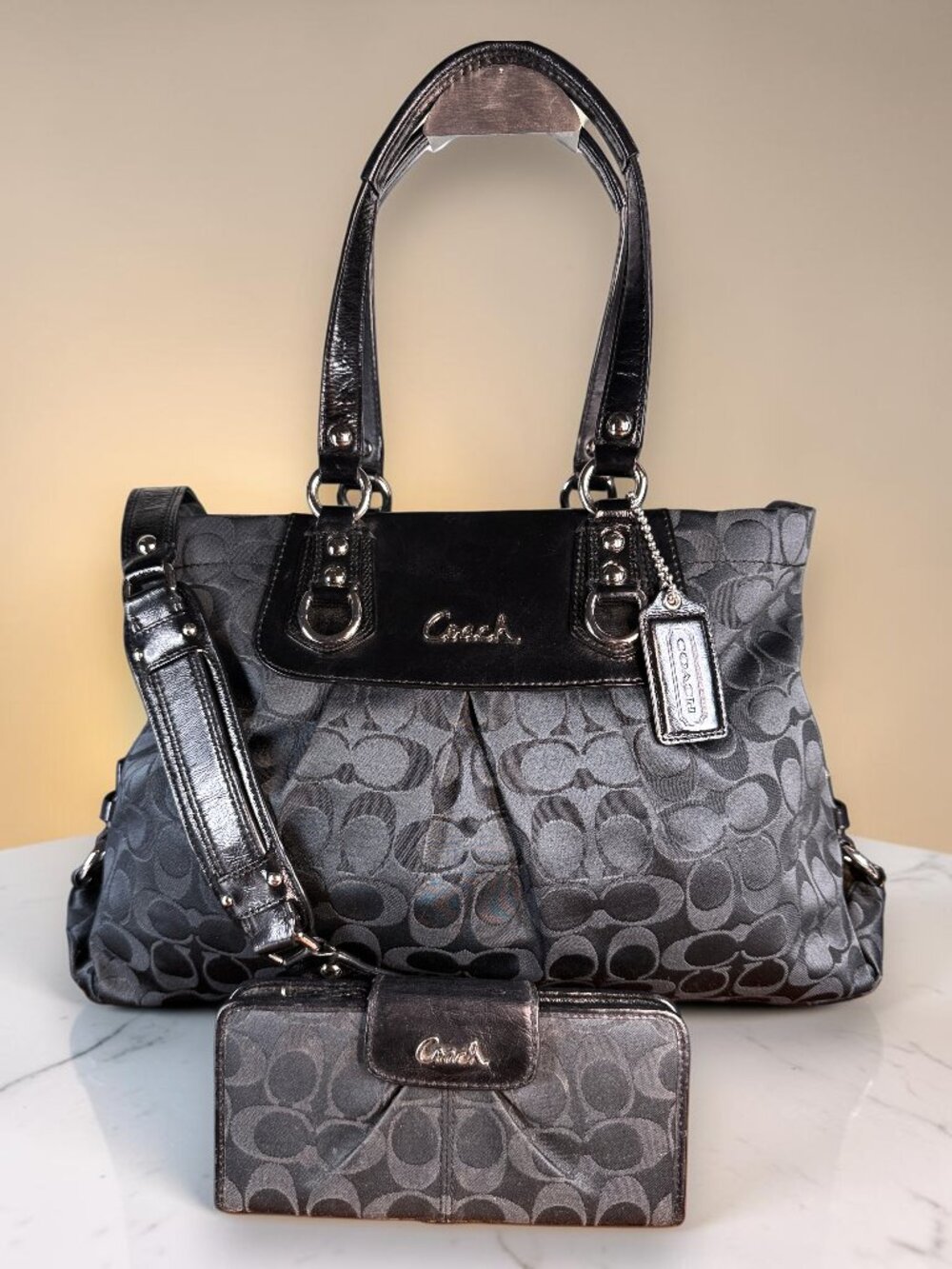 Coach Ashley Signature Sateen Monogram Carryall Shoulder Bag & Wallet Y2K Set